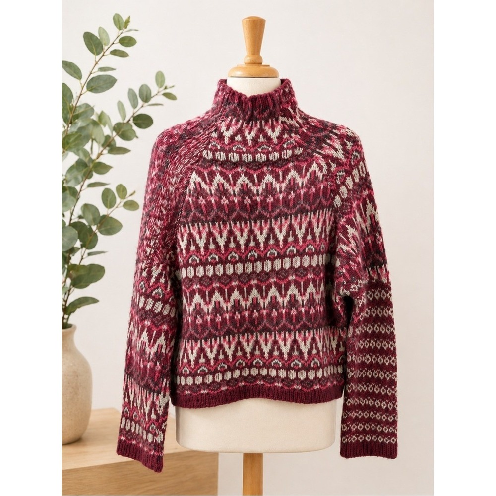 Steve Madden Indie Fair Isle Mock Neck Sweater Fuschia Pink NEW M